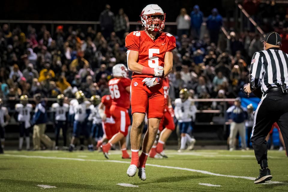 Landon Aylor of Beechwood celebrates a turnover in the KHSAA Class 2A state semifinal between Lloyd Memorial and Beechwood high schools Friday, Nov. 25, 2022.
