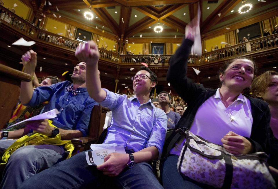 Audience members launch paper planes during Ig Nobel award ceremonies at Harvard University in Cambridge, Mass., Thursday, Sept. 13, 2018.(AP Photo/Michael Dwyer)