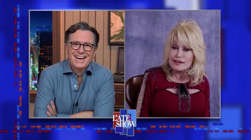 Stephen Colbert speaks remotely with Dolly Parton during an Oct. 20, 2020 episode of "The Late Show with Stephen Colbert."