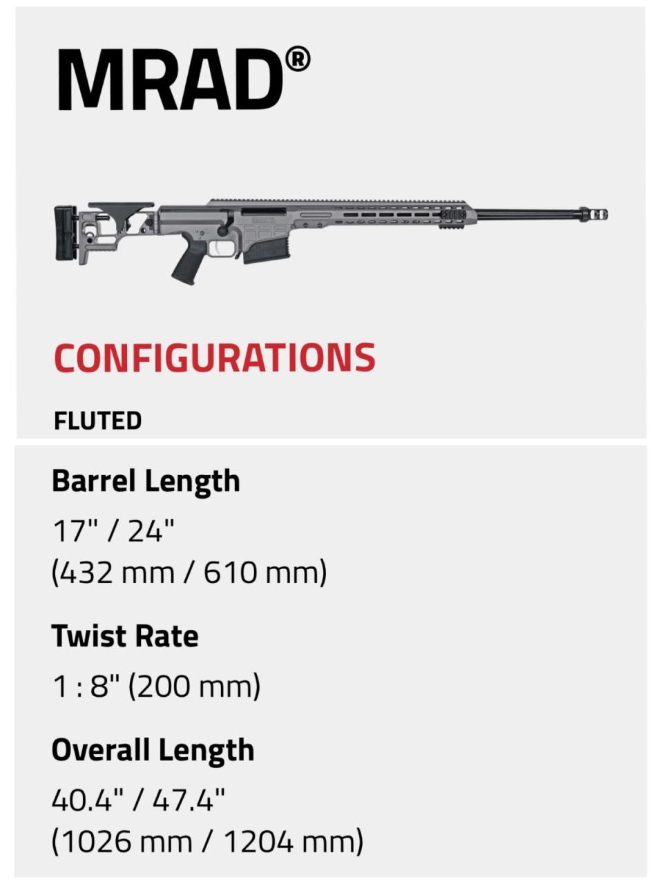 國安局向美國採購的巴瑞特（Barrett）MRAD狙擊槍口徑為7.62mm，主要彈種是點308溫徹斯特彈，每把都配有長短槍管各一支，分別是24吋與17吋槍管，可配合不同任務需求更換槍管，裝上長短兩種不同槍管時，重量分別為5.4公斤與6.0公斤。取自Barrett官網。