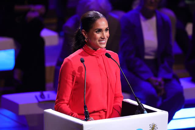 Chris Jackson/Getty Meghan, Duchess of Sussex makes the keynote speech during the Opening Ceremony of the One Young World Summit 2022.