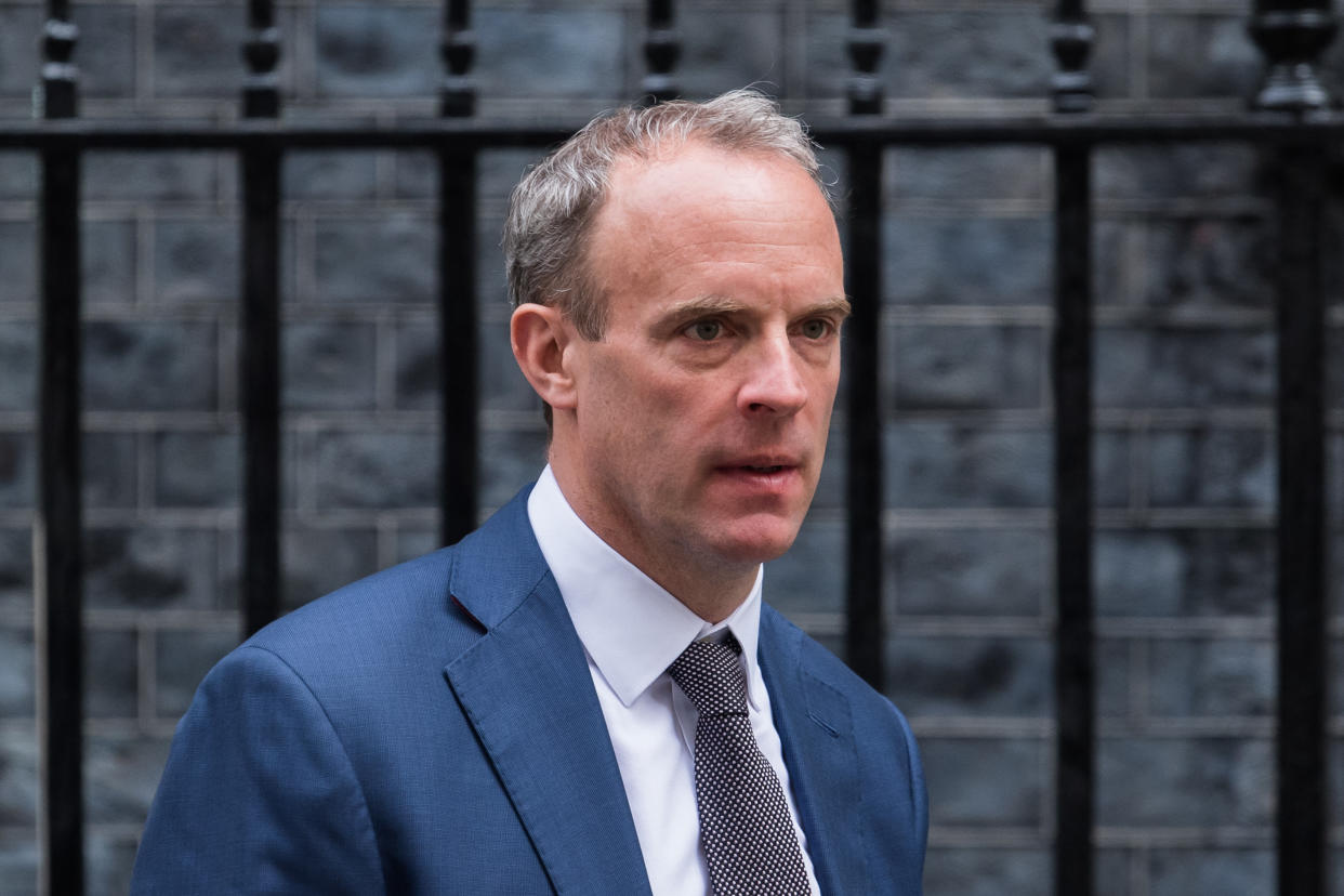 LONDON, UNITED KINGDOM - APRIL 19, 2022: Deputy Prime Minister, Lord Chancellor and Secretary of State for Justice Dominic Raab leaves Downing Street after attending the weekly Cabinet meeting on April 19, 2022 in London, England. Today marks Boris Johnson's 1000th day in office as the British Prime Minister. (Photo credit should read Wiktor Szymanowicz/Future Publishing via Getty Images)