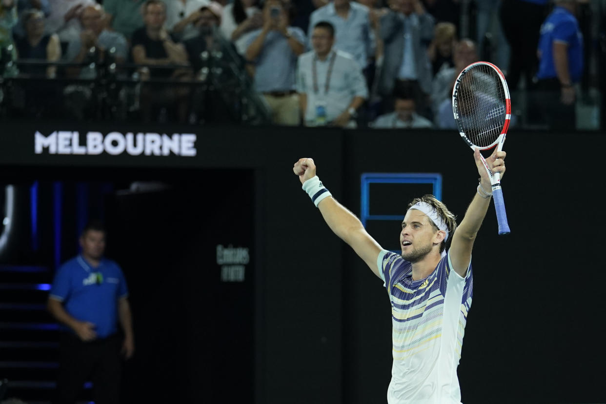 Dominic Thiem celebrates after beating Rafael Nadal at the Australian Open. (Photo by Fred Lee/Getty Images)