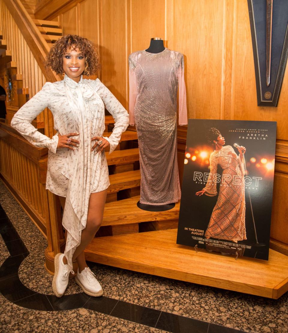 <p>Jennifer Hudson poses with a dress once worn by Aretha Franklin on July 29 while promoting her biopic <em>Respect</em> at the Martha's Vineyard Film Festival in Edgartown, Massachusetts. </p>