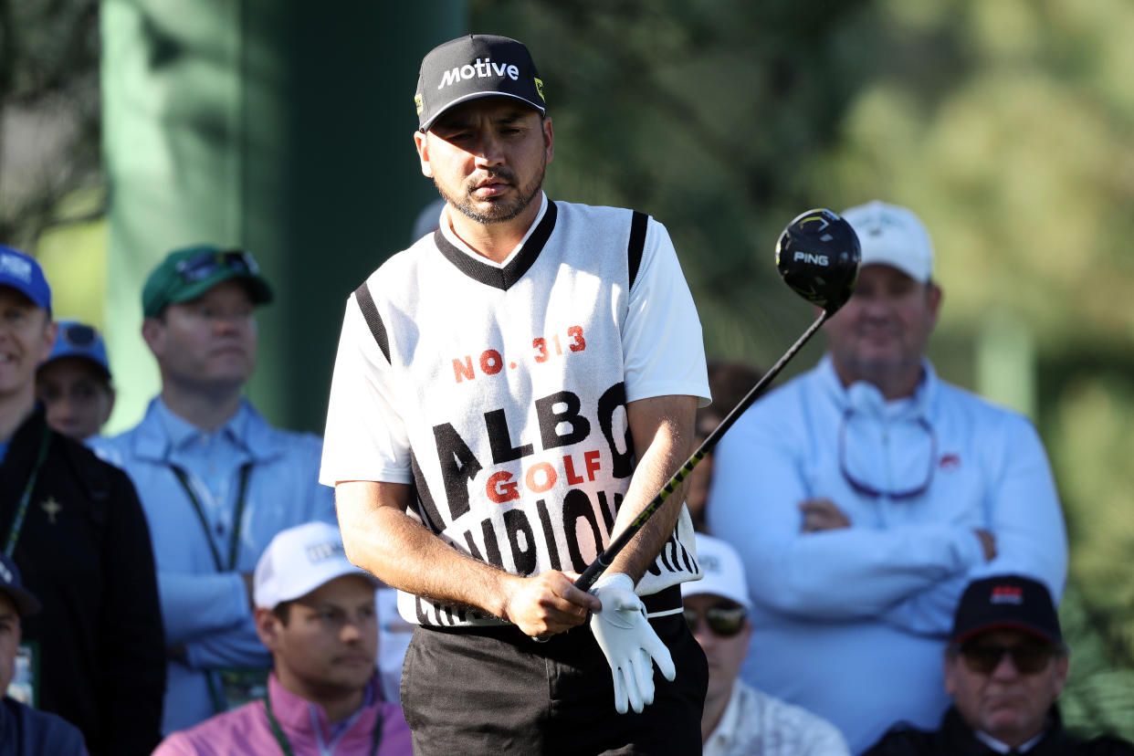 AUGUSTA, GEORGIA - APRIL 12: Jason Day of Australia prepares for his shot from the 18th tee during the continuation of the first round of the 2024 Masters Tournament at Augusta National Golf Club on April 12, 2024 in Augusta, Georgia. (Photo by Warren Little/Getty Images)