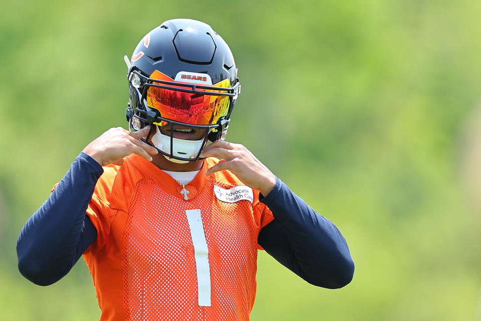 Bears quarterback Justin Fields rushed for more than 1,000 yards last season. (Photo by Michael Reaves/Getty Images)