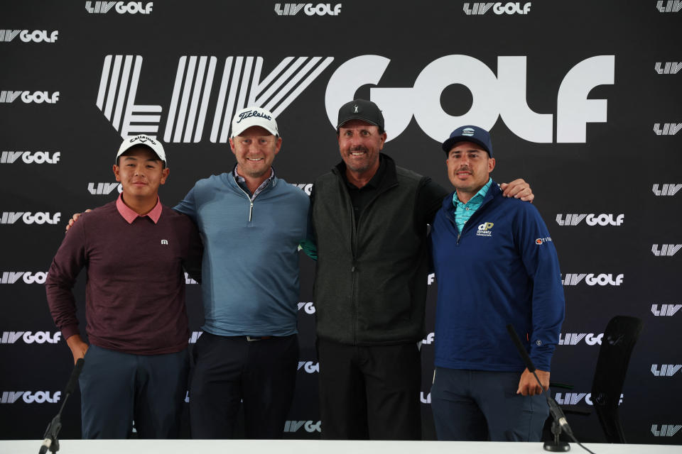 Golf - The inaugural LIV Golf Invitational - Centurion Club, St Albans, Britain - June 8, 2022 Team Hy Flyers Phil Mickelson of the U.S. poses with South Africa's Justin Harding, Chase Koepka of the U.S. and Thailand's Ratchanon Chantananuwat during a press conference Action Images via Reuters/Paul Childs