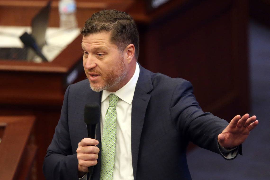 Sen. Jeff Brandes, R-St. Petersburg, debates against an amendment on a gambling bill during a special session, Tuesday, May 18, 2021, in Tallahassee, Fla.