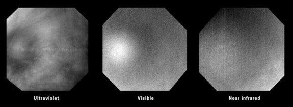 Three images of a glory spotted on Venus July 24, 2011. From left, ultraviolet, visible and near-infrared images from the Venus Monitoring Camera aboard ESA's Venus Express. The glory was about 1,200 kilometers (746 miles) across.