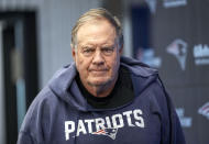 New England Patriots headcoach Bill Belichick arrives for a press conference in Frankfurt, Germany, Friday, Nov. 10, 2023. The New England Patriots will play against the Indiana Colts in a NFL game on Sunday. (AP Photo/Michael Probst)