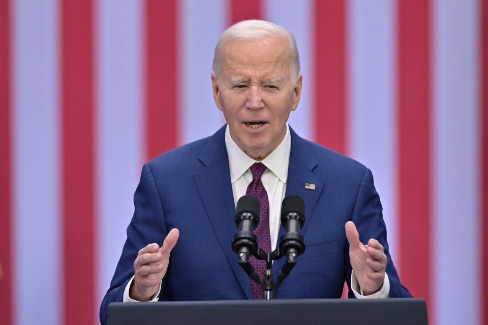 President Joe Biden delivers a speech during an event at a YMCA, Monday, March 11, 2024, in Goffstown, N.H.
