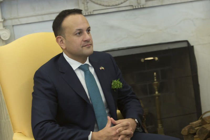 Prime Minister Leo Varadkar of Ireland speaks during a meeting with President Donald J. Trump in the Oval Office at the White House in Washington, D.C., on March 15. On June 14, 2017, Ireland's parliament elected Varadkar, the country's youngest and first openly gay prime minister. File Photo by Chris Kleponis/UPI