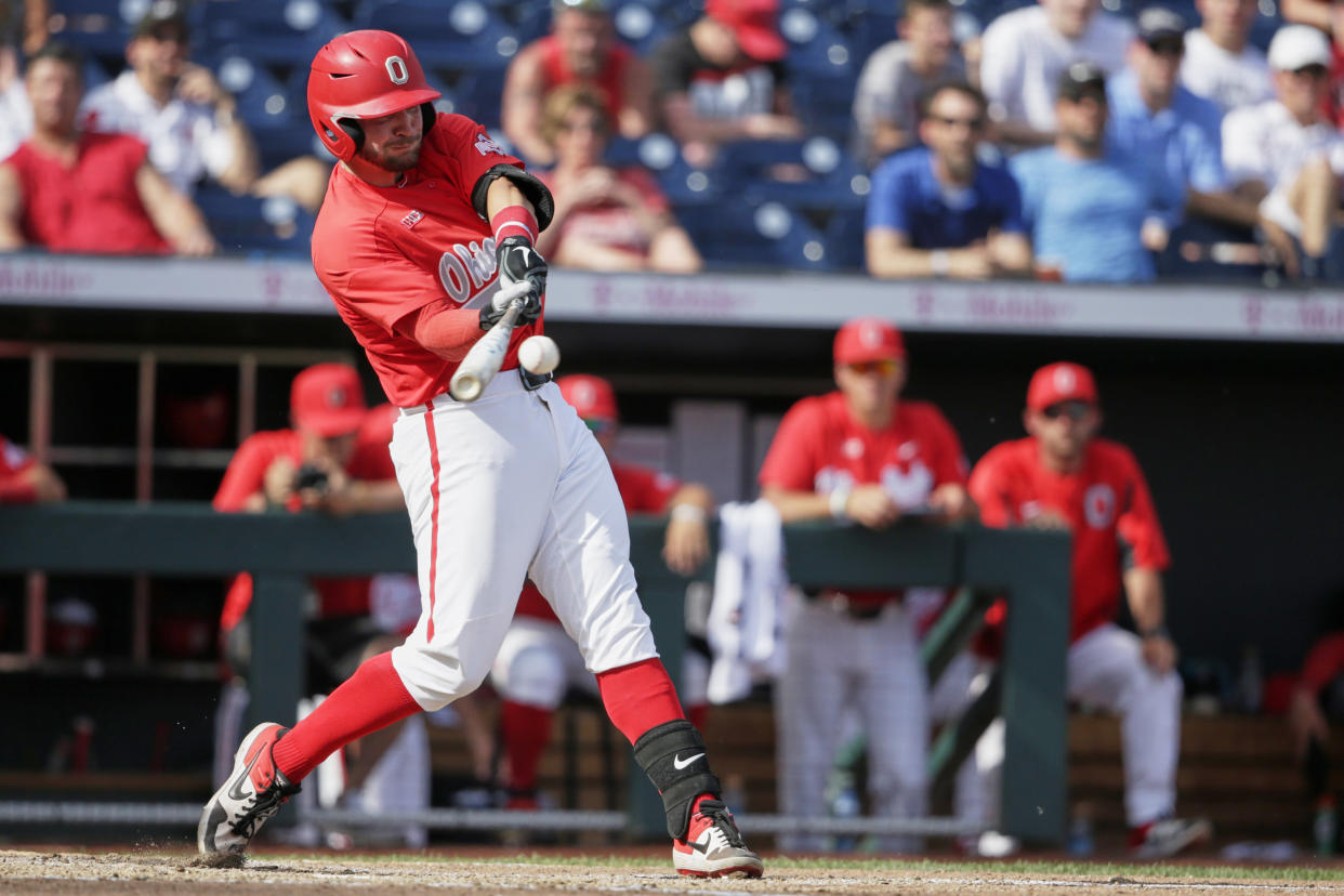 Ohio State left fielder Brady Cherry (1) connects for a base hit in the fifth inning of the NCAA Big Ten baseball championship game against Nebraska in Omaha, Neb., Sunday, May 26, 2019. Ohio State won 3-1. (AP Photo/Nati Harnik)
