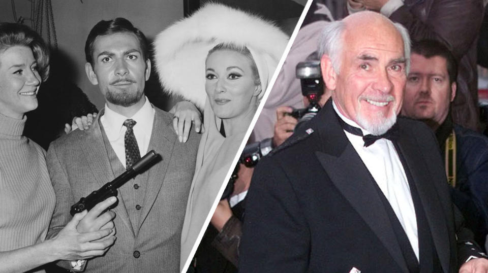 Neil Connery pictured left with Lois Maxwell and Daniela Bianchi in 1966, and right at the 1999 UK premiere of Entrapment (Getty Images)