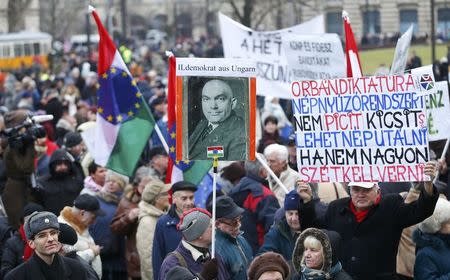 People take part in a protest against the government of Hungary's Prime Minister Viktor Orban outside parliament in central Budapest February 1, 2015. REUTERS/Laszlo Balogh