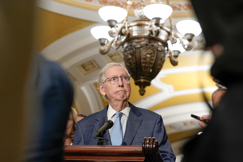Senate Minority Leader Mitch McConnell, R-Ky., speaks to reporters following a closed-door caucus meeting about preventing a government shutdown, at the Capitol in Washington, Wednesday, Sept. 27, 2023. (AP Photo/Mariam Zuhaib) ORG XMIT: DCMZ504