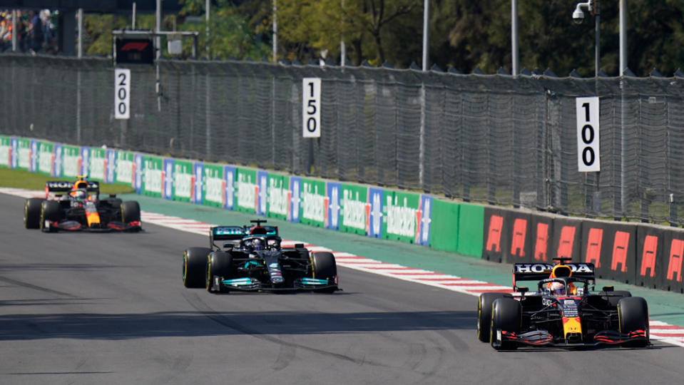 Red Bull Racing’s Max Verstappen in front of Mercedes-AMG’s Lewis Hamilton and Red Bull teammate Sergio Perez, the order of the top three finishers in Mexico City. - Credit: Photo by AP Photo/Eduardo Verdugo.