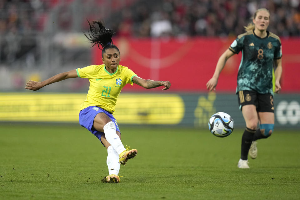 FILE - Brazil's Kerolin Ferraz takes a shot during the women's international soccer friendly match between Germany and Brazil, at the Max Morlock stadium in Nuremberg, Germany, Tuesday, April 11, 2023. (AP Photo/Matthias Schrader, File)