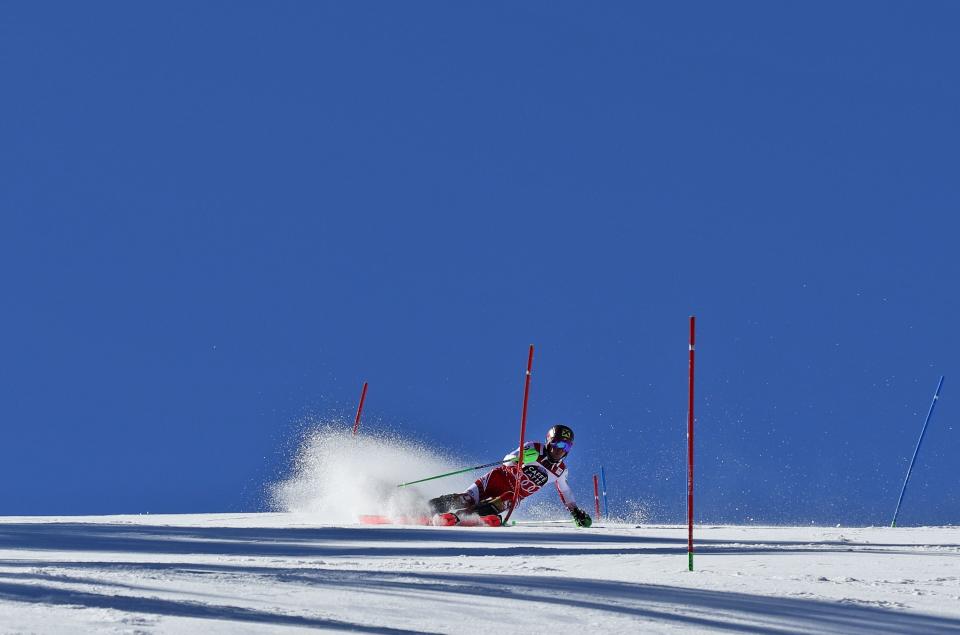 Austria's Marcel Hirscher competes during the first run of a men's alpine ski slalom, in Soldeu, Andorra, Sunday, March 17, 2019. (AP Photo/Gabriele Facciotti)