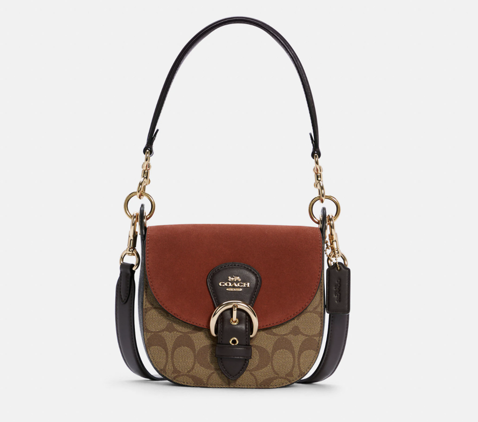 Kleo Shoulder Bag 17 In Signature Canvas in khaki multi (Photo via Coach Outlet)