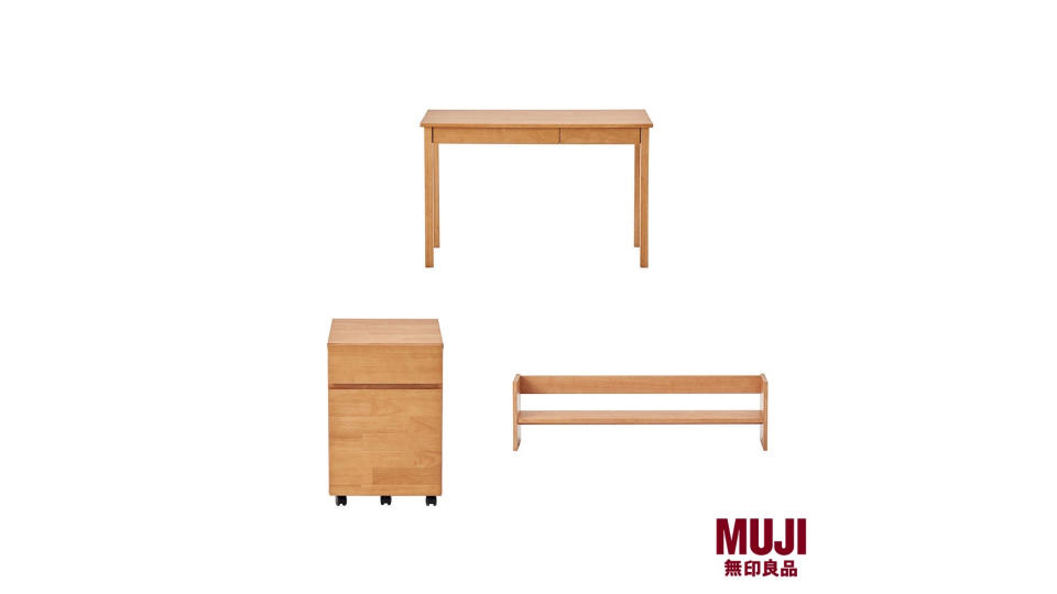 [Bundle Set] MUJI Rubberwood Desk with Cabinet and Topshelf. (Photo: Shopee SG)