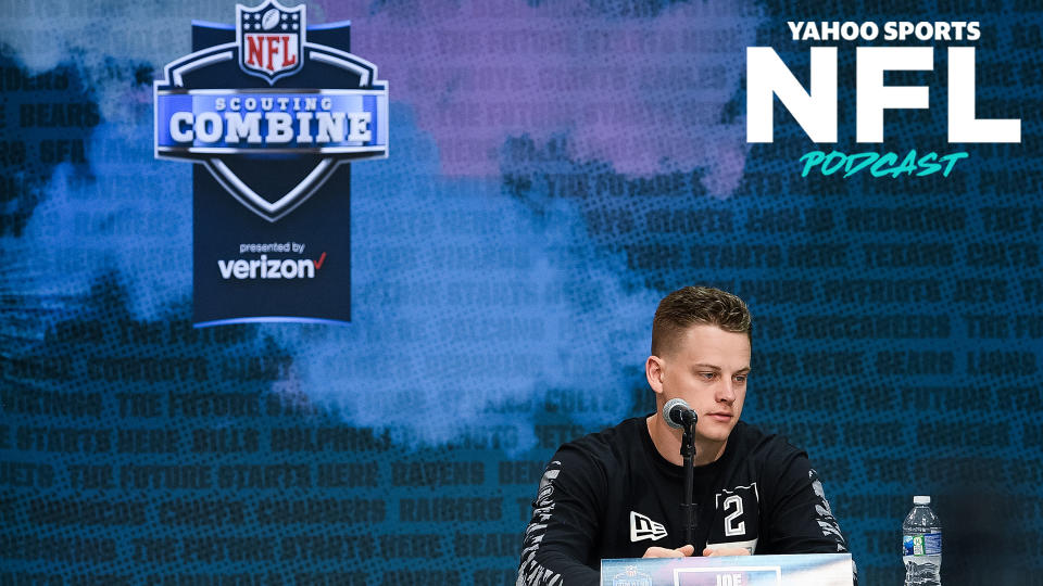 LSU quarterback Joe Burrow takes questions at the 2020 NFL scouting combine. (Photo by Zach Bolinger/Icon Sportswire via Getty Images)