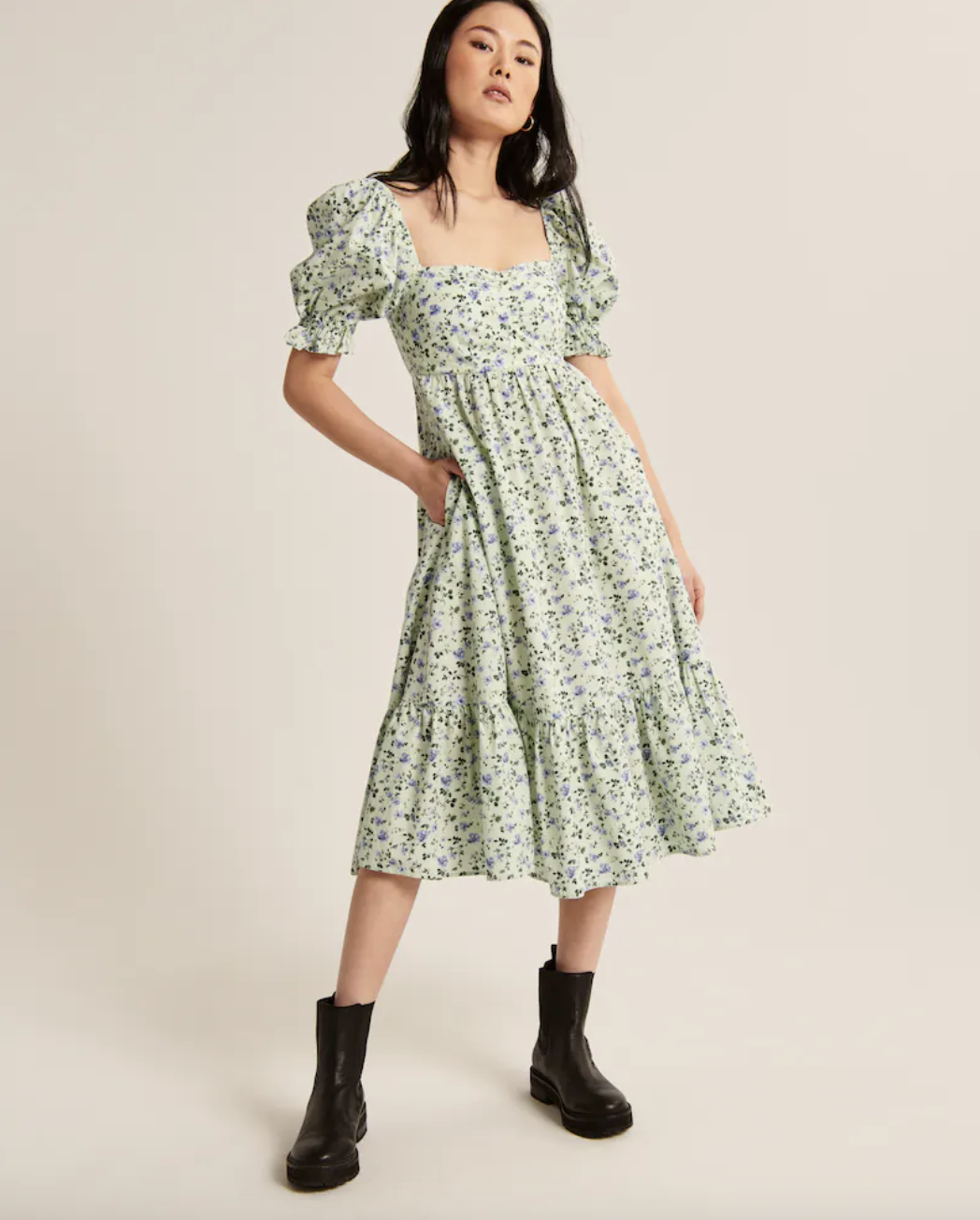 asian model in black boots and Abercrombie & Fitch Puff Sleeve Poplin Midi Dress in Green Floral (Photo via Abercrombie & Fitch)