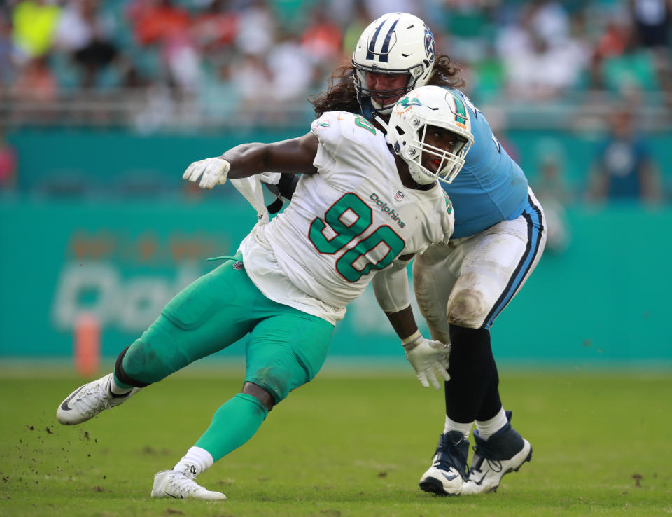 Miami 's Charles Harris is an exception to the Dolphins' prototype. (AP) 