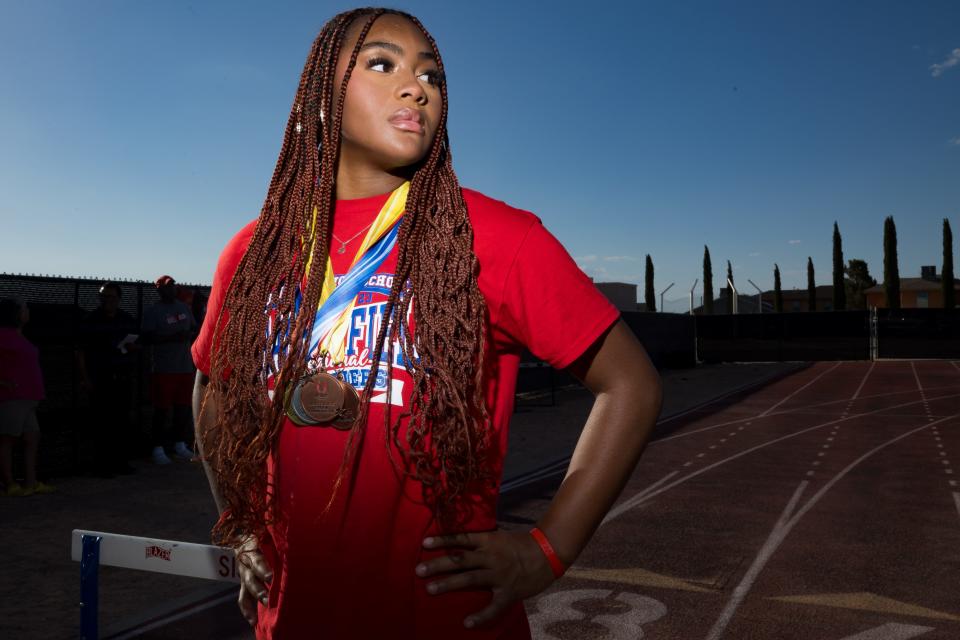 Bel Air track and field standout Cydney Davis will compete at USAT Nationals in various events. Here Davis stands for a portrait on Wednesday, July 19, 2023, at El Dorado High School, where she is training.