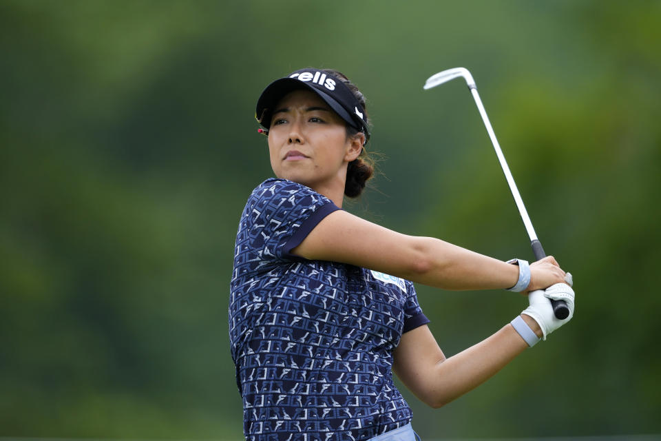 Jenny Shin watches her tee shot on the 12th hole during the third round of the Women's PGA Championship golf tournament, Saturday, June 24, 2023, in Springfield, N.J. (AP Photo/Matt Rourke)