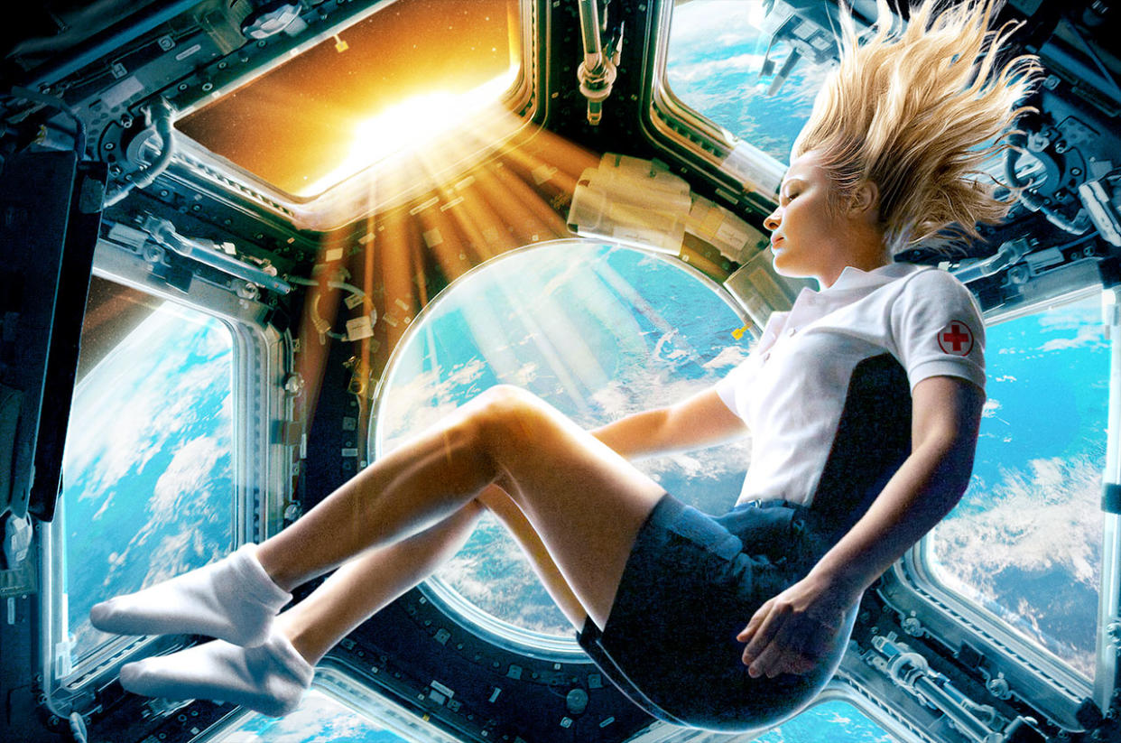  Artwork from the "Vyzov" ("The Challenge") movie poster depicts actress Yulia Peresild as surgeon Zhenya Belyaeva floating in the Cupola aboard the International Space Station. 