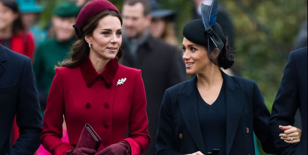 kings lynn, england december 25 catherine, duchess of cambridge and meghan, duchess of sussex attend christmas day church service at church of st mary magdalene on the sandringham estate on december 25, 2018 in kings lynn, england photo by samir husseinwireimage