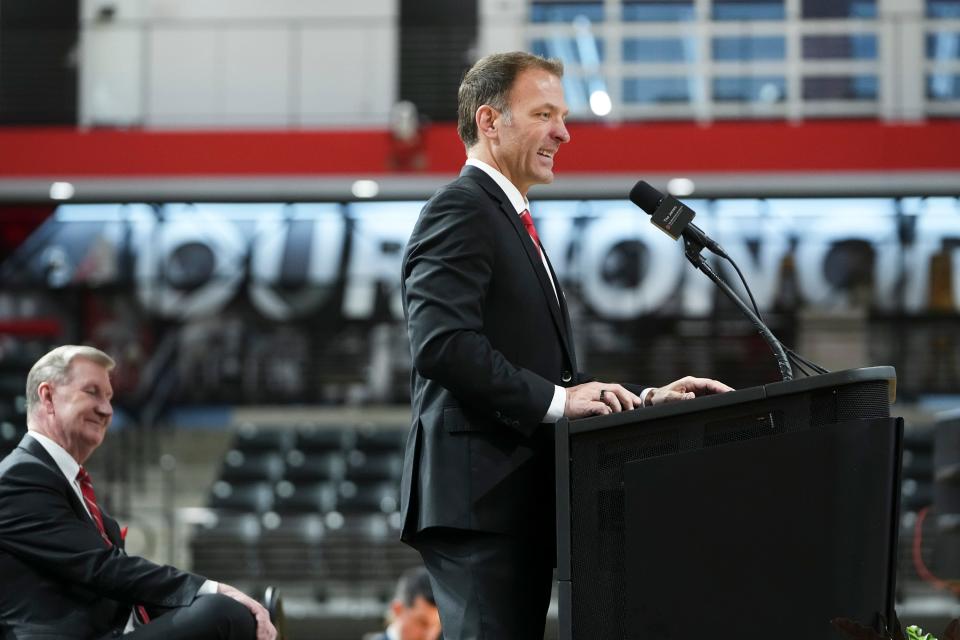 Jan 17, 2024; Columbus, OH, USA; Ross Bjork speaks during an introductory press conference for Ohio State University’s new athletic director at the Covelli Center.