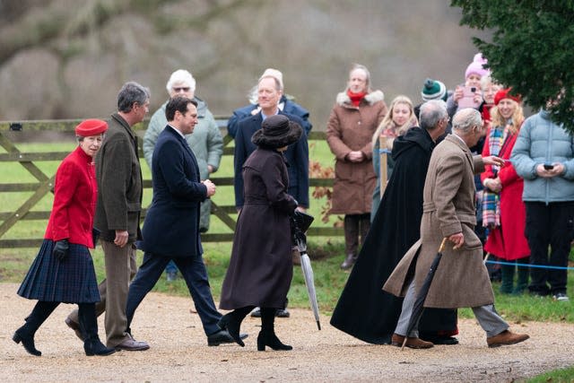 Charles and Camilla arrive with the Princess Royal and Vice Admiral Sir Tim Laurence to attend a Sunday church service at St Mary Magdalene Church in Sandringham, Norfolk