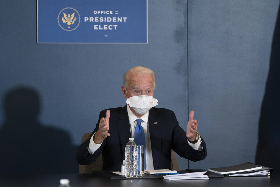 President-elect Joe Biden, speaks during a meeting with Vice President-elect Kamala Harris, Senate Minority Leader Chuck Schumer of N.Y., and House Speaker Nancy Pelosi of Calif., Friday, Nov. 20, 2020, in Wilmington, Del. (AP Photo/Alex Brandon)