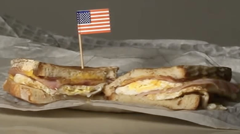 grilled breakfast sandwich with flag 