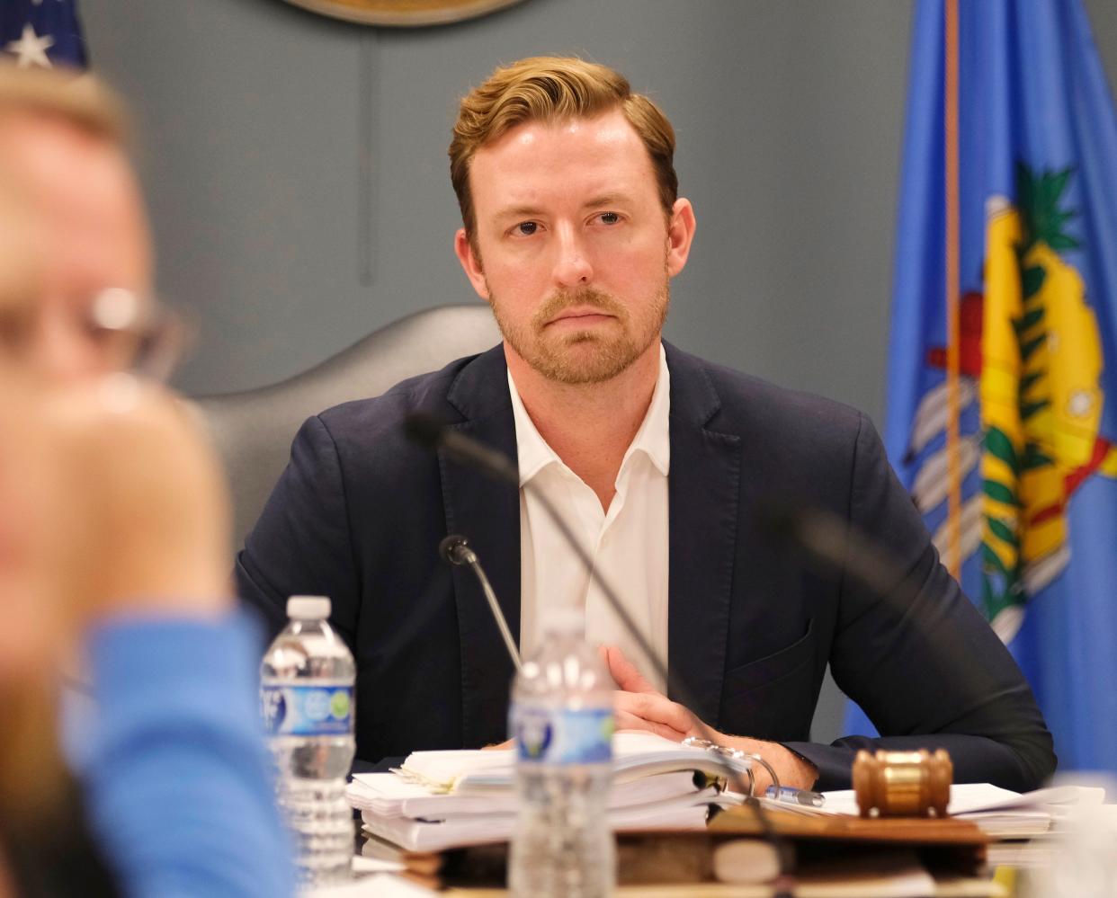 State schools Superintendent Ryan Walters at the February meeting of the Oklahoma state school board, Thursday, Feb. 22, 2024.