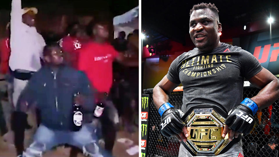 Fans celebrate in Cameroon (pictured left) and UFC star Francis Ngannou (pictured right) smiling with the heavyweight belt around his waist.