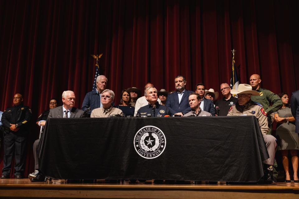 Texas Gov. Greg Abbott speaks during a press conference at Uvalde High School on May 25, 2022 in Uvalde, Texas. On May 24, 21 people were killed, including 19 children, during a mass shooting at Robb Elementary School.