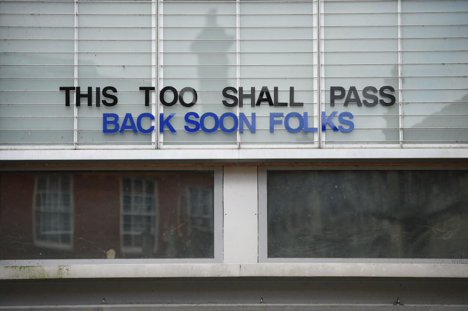 A sign is seen on the front of a closed cinema in York, northern England, on March 30, 2020, as life in Britain continues during the nationwide lockdown to combat the novel coronavirus pandemic. - Life in locked-down Britain may not return to normal for six months or longer as it battles the coronavirus outbreak, a top health official warned on Sunday, as the death toll reached passed 1,200. (Photo by Oli SCARFF / AFP) (Photo by OLI SCARFF/AFP via Getty Images)