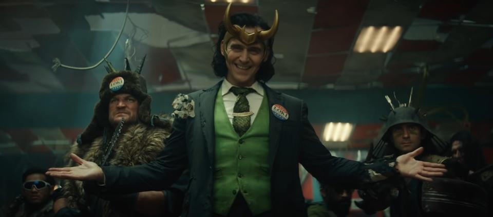 President Loki with soldiers behind him in "Loki"