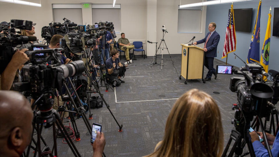 Kent County Prosecutor Chris Becker explains his decision to charge Grand Rapids police Officer Christopher Schurr with second-degree murder during a press conference at the Michigan State Police sixth district headquarters in Walker on Thursday, June 9, 2022. Schurr fatally shot Black motorist Patrick Lyoya on April 4. (Cory Morse/The Grand Rapids Press via AP)