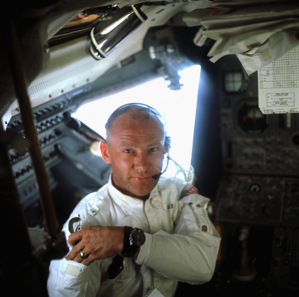 A portrait of Buzz Aldrin aboard the Lunar Module Eagle on the lunar surface just after the first moon walk.&nbsp;