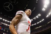 Colin Kaepernick #7 of the San Francisco 49ers runs off the field after defeating the New Orleans Saints 31-21 at The Mercedes-Benz Superdome on November 25, 2012 in New Orleans, Louisiana. (Photo by Chris Graythen/Getty Images)