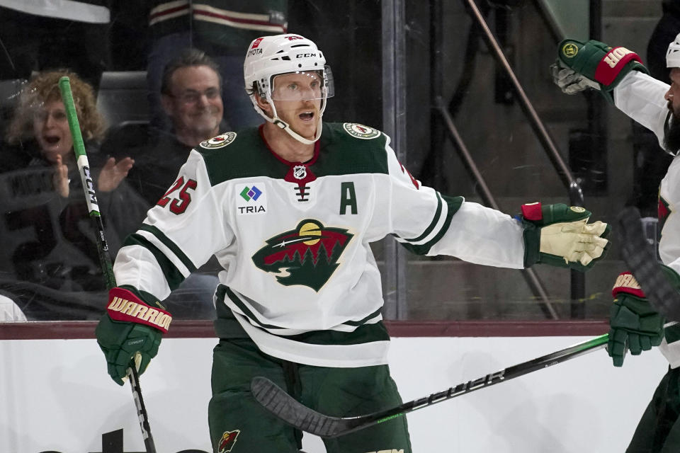 Minnesota Wild's Jonas Brodin (25) celebrates his goal during the second period of an NHL hockey game against the Arizona Coyotes Wednesday, Feb. 14, 2024, in Tempe, Ariz. (AP Photo/Darryl Webb)