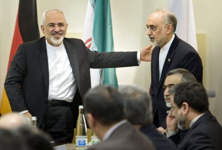 Iranian Foreign Minister Javad Zarif (L) greets Head of Iranian Atomic Energy Organization Ali Akbar Salehi as he arrives for a meeting with officials from P5+1, the European Union and Iran at the Beau Rivage Palace Hotel in Lausanne March 31, 2015. REUTERS/Brendan Smialowski/Pool