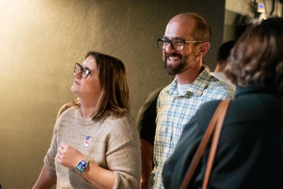Merced County District 2 Supervisor Josh Pedrozo speaks with supporters while checking Primary Election voting results in Merced, Calif., on Tuesday, March 5, 2024.
