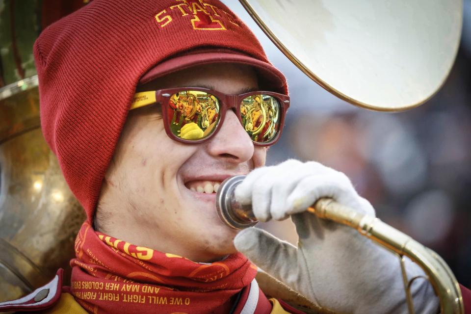 Iowa State band member David Imhoff prepares to play the tuba during the ISU-Baylor game on Nov. 10, 2018 in Ames, Iowa. The game-time temperature was 25 degrees with a wind chill of 18. The forecast is for even colder when Texas Tech and Iowa State play at 6 p.m. Saturday at Jack Trice Stadium.
