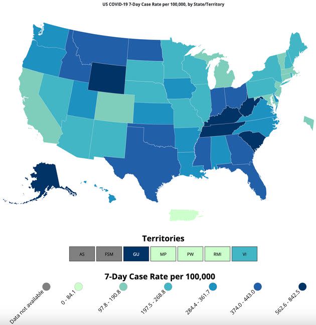 Tennessee, Kentucky, West Virginia and South Carolina, seen in navy blue, have some of the highest seven-day COVID-19 case rates per 100,000 people in the country. (Photo: CDC.gov)