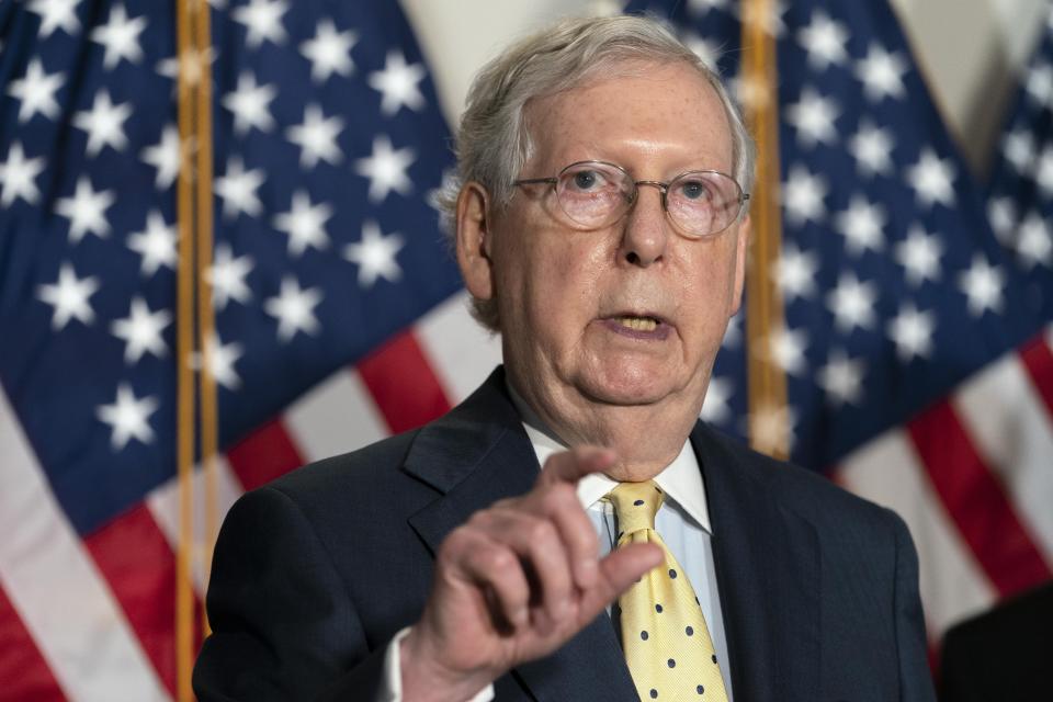 Senate Majority Leader Mitch McConnell of Ky., speaks after meeting with Senate Republicans, Wednesday, Sept. 9, 2020, on Capitol Hill in Washington.